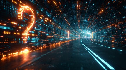 Curious futuristic digital landscape featuring a glowing question mark in a tech inspired space