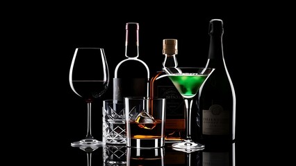 A variety of alcoholic drinks isolated on black