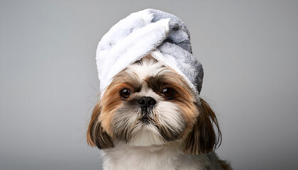 adorable shih tzu wearing a towel on its head
