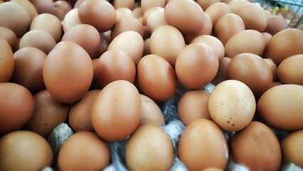 Chicken egg supply in supermarket.  Raw chicken eggs. pile of raw chicken eggs. Egg contains high protein and important for health.