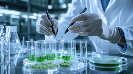 A scientist carefully places plant cells into Petri dishes using tweezers, contributing to important botanical research in a lively laboratory filled with greenery