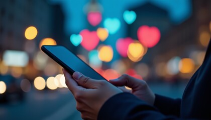 A close-up view of hands holding a smartphone at night, with colorful social media reaction icons against a blurred city background 