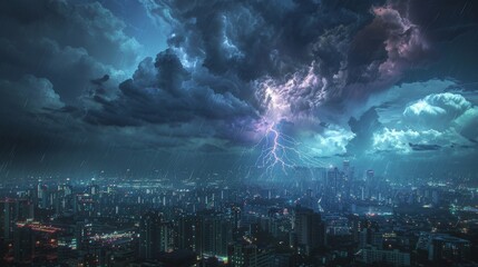 Thunderstorm Over Cityscape with Lightning