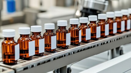 A production line actively creates clear bottles filled with oil, showcasing stainless steel components and precise machinery in high resolution and sharp focus