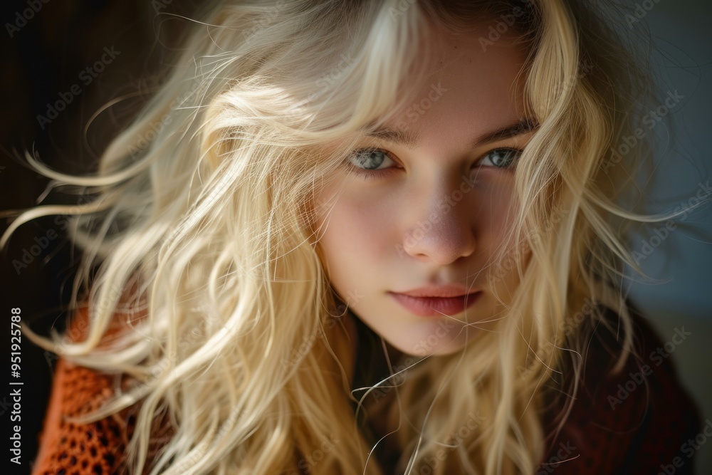 Poster Close-up of a young woman with blond hair and captivating eyes, looking at the camera