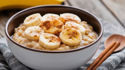 Cinnamon Banana Oatmeal: A steaming bowl of creamy oatmeal topped with fresh banana slices and a sprinkle of cinnamon, a delicious and healthy breakfast option. 