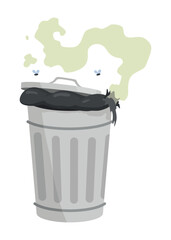 Garbage or waste icon. Metal garbage container with unsorted trash. Rubbish that smells ugly and started to decompose. Ecology and environment concept. Isolated on white background.