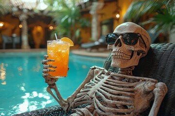 A quirky Halloween skeleton relaxing by a pool with a tropical drink, perfect for themed parties, decorations, and promotions. Halloween with copy space.