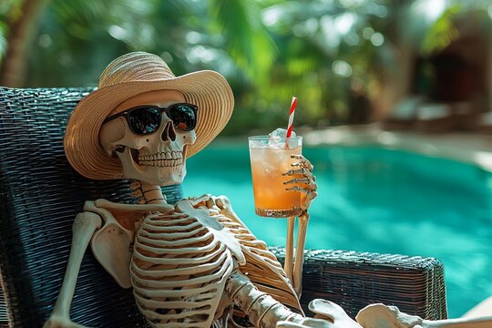 A fun Halloween scene featuring a skeleton lounging by the pool with a drink. Perfect for Halloween-themed parties or decoration ideas, with copy space.