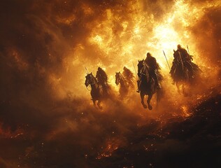 Fototapeta premium A striking Halloween-themed image featuring the Four Horsemen of the Apocalypse against a fiery background, perfect for dramatic Halloween promotions or events, with copy space.