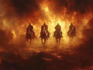 Fototapeta premium A dramatic interpretation of the Four Horsemen of the Apocalypse amidst fiery flames, perfect for Halloween promotions, events, or themed parties with copy space.