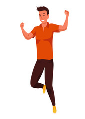 Happy jumping people. Happy positive young men. Young joyful laughing people jumping with raised hands isolated on white background