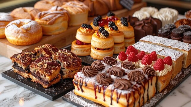 Delicious pastries and cakes decorated with fruits are displayed on wooden shelves in a bakery