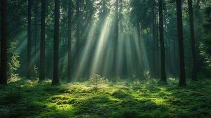 Naklejka premium Sunlit forest with rays of light filtering through tall evergreen trees.