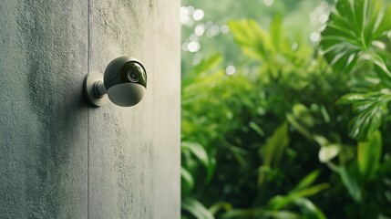 Security Camera on Wall: A modern white security camera mounted on a concrete wall, with lush green foliage providing a natural backdrop.