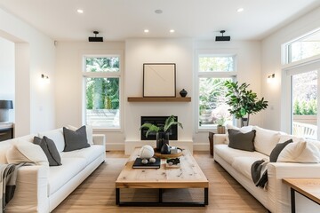 A photo of the bright living room in an upscale home with two white sofas, a wooden coffee table, and a fireplace.
