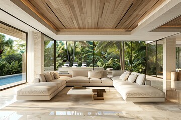 Obraz premium Luxurious modern living room with white marble floors, light wood ceiling and walls, large glass windows overlooking a tropical garden