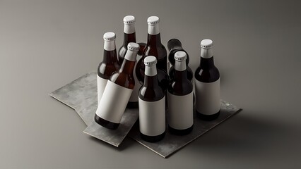 Beer bottles with blank white labels isolated on grey