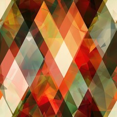 Obraz premium An abstract geometric pattern, featuring a variety of overlapping diamond and triangular shapes. The image is comprised of warm tones such as reds, oranges, and yellows, as well as cooler tones like g