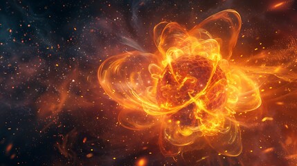 A detailed scientific visualization of the atomic structure involved in nuclear fission, showing protons, neutrons, and electrons in motion, with a dynamic burst of energy as the atom splits, 