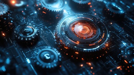 Obraz premium Complex mechanism of shiny metal gears operating smoothly