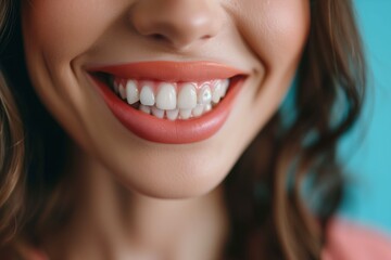 Obraz premium Close-up of a smiling woman with beautiful teeth against a blue background