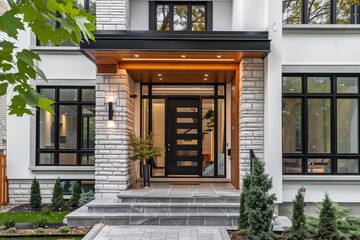 Fototapeta premium A photograph of the front entrance to an elegant modernist home, featuring stone and wood accents with large black steel windows.