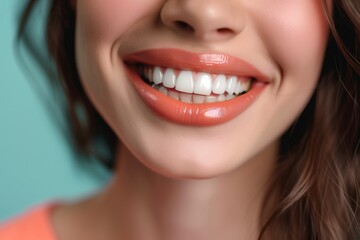 Fototapeta premium Closeup of a woman's smile with perfect white teeth on a blue background.