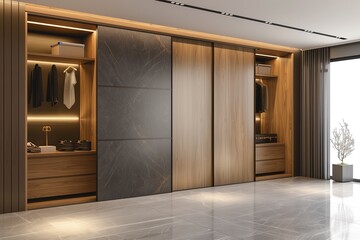 Modern wardrobe interior design with gray marble and wood paneling, sliding doors, display