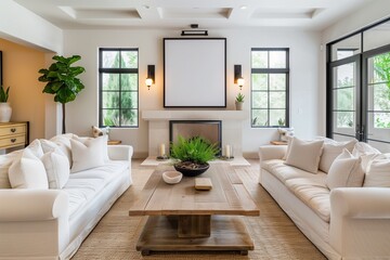 A bright and airy living room with two white sofas, a rustic wooden coffee table in the center of the space