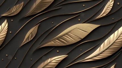 This captivating design features metallic gold foil feathers and glitter on a rich black backdrop, blending modern luxury with Art Deco elegance for a stylish, opulent aesthetic SEAMLESS PATTERN