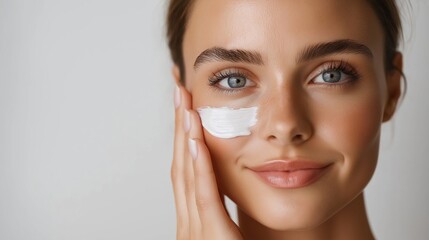 Close-up of a woman applying facial cream, showcasing skincare and beauty with a natural glow and clear complexion.