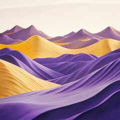 An abstract landscape features smooth, flowing forms resembling mountains or dunes in shades of purple and yellow.
