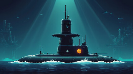 Close-up of a submarine's periscope and conning tower, highlighting the sleek, underwater design, retro style,
