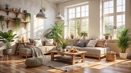 Fototapeta premium Warm minimalist Scandinavian living room with reclaimed wooden accents, natural textiles, and plants, captured in soft morning light with shallow depth of field.