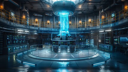 A highly detailed and realistic image of a nuclear fission reactor core illuminated by the blue glow of Cherenkov radiation, surrounded by intricate control panels and safety mechanisms, showcasing 