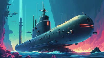 Close-up of a submarine's periscope and conning tower, highlighting the sleek, underwater design, retro style,