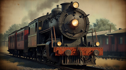 Naklejka premium Close-up of a steam locomotive's front, featuring the headlight and smokestack, emphasizing the vintage industrial feel, 8-bit style, retro style