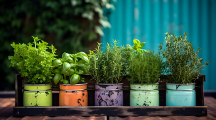 DIY herb garden in repurposed containers,