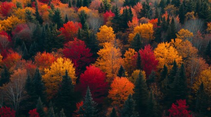 Scenic Autumn Woodland Aerial View Showcasing Rich Leaf Colors and the Calm Mood of the Fall Season