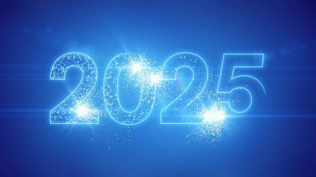 Video animation of abstract neon light with the numbers 2025 over blue background - represents the new year - vacation concept.