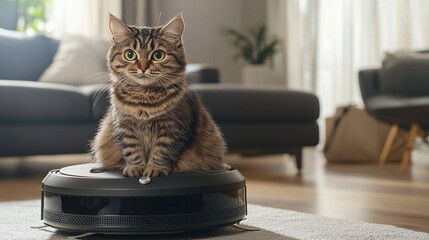 Funny Cat on a Roomba in Motion Around the House Embodying Hilarity and Chaos Keywords: