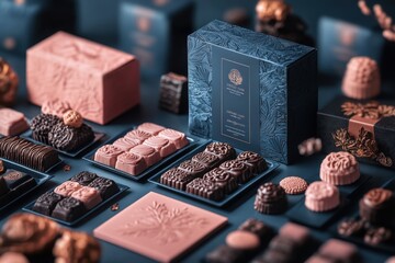 Assorted gourmet chocolates in varied designs, beautifully arranged in intricate packaging, highlighting the confections' delicate craftsmanship, luxurious taste, and premium quality.