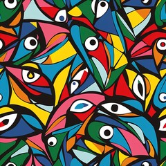 The image features a colorful and abstract composition filled with geometric shapes and vivid colors. The design is composed of various overlapping triangular and curved elements in a multitude of bri