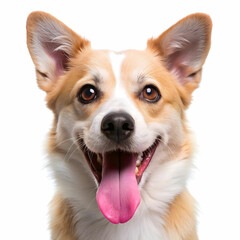 Obraz premium a dog with a pink tongue that is smiling on white background