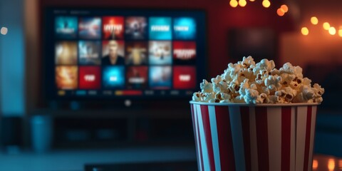 Red and white striped popcorn bucket in focus with a TV streaming menu blurred in the background, evoking movie night vibes