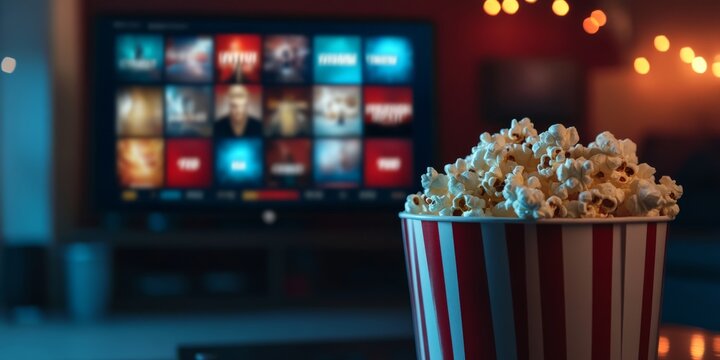 Red and white striped popcorn bucket in focus with a TV streaming menu blurred in the background, evoking movie night vibes