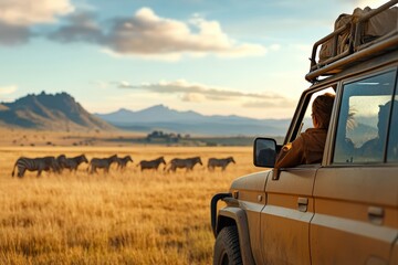 Fototapeta premium A person enjoying the view of zebras in their natural habitat from the comfort of a safari vehicle, capturing the essence of adventure and connection with wildlife.