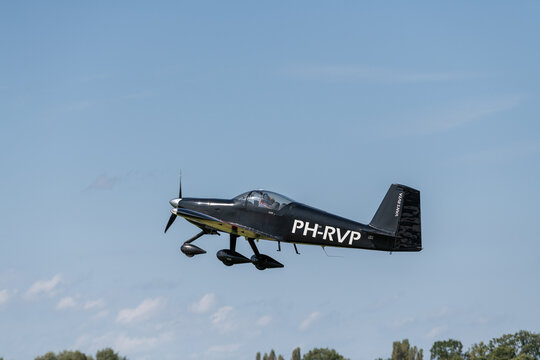 View on airplane, sports propeller airplane taking at Kiewit airport with number Van's RV-7A. Private aircraft. Open house event organised by aero-Kiewit. 24  august 2024, Kiewit, Belgium.