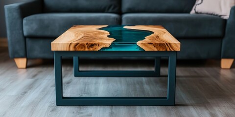 A Beautiful Wood And Teal Resin Table With A Very Creative Design